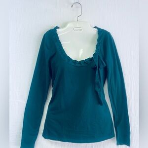 Ann Taylor Loft Green Long Sleeve Cotton Top with Satin Cinched Neckline and Bow